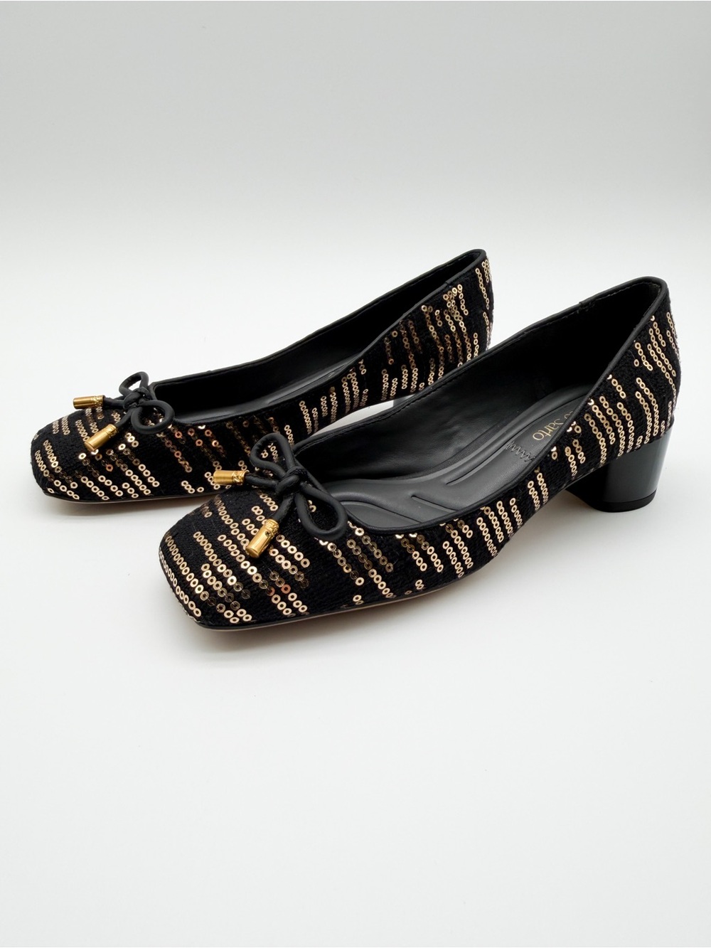 Franco Sarto Natalia Square Toe Block Heel Pumps Bow Black Gold Sequin 5 NEW